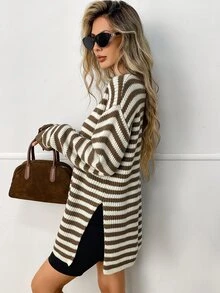Elyressa Sweater Wanita Bergaris Kasual Gaya Prancis dengan Desain Belahan, Musim Dingin - MultiWarna - View 3