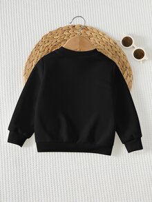 Cozy Pixies 男嬰卡通熊圖案圓領長袖套頭運動衫，全印花T恤上衣，秋季上衣 - 黑色 - 查看 2