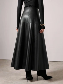 COSMINA Rok Wanita Bahan PU Hitam Elegan Minimalis Serbaguna untuk Perjalanan Musim Gugur/Dingin - Hitam - View 2