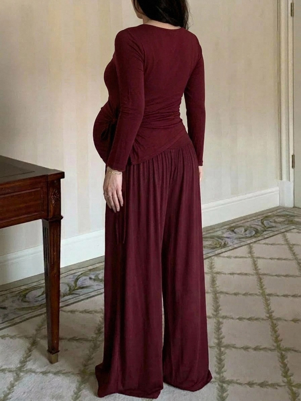 Solid Color Elastic Drawstring Tie Cowl Neck T-Shirt & Wide Leg Pants 2 Pieces Set, Elegant Home Wear, Daily, Spring/Autumn, Maternity