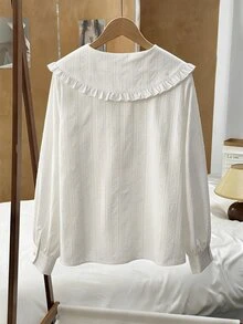 GlowEve CURVE Regalyn Plus Size Women's Solid Color Cotton Textured Jacquard Fabric Cute Korean Style Peter Pan Collar Blouse, Suitable For Spring And Autumn Layering - White - View 2