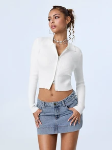 Y2Kool Cream White Ribbed Knit Women's Cardigan, Lapel Zipper Short Fitted Jacket, Korean Sweet Cool Casual Style, Commute Date Shopping Layering Top - White - View 6