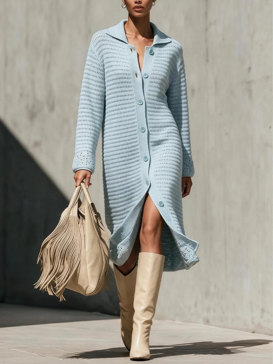 Omancia Casual Collared Waffle Knit Midi Cardigan Dress, Long Sleeve Button Down Loose Textured Sweater Dress For Women - Mint Blue - View 1