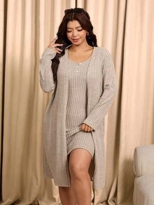 Elaquor Bộ 2 món váy và áo cardigan màu trơn phong cách thường ngày cho nữ size lớn - Màu be - Xem 5