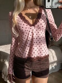 CovetEZ Women's Casual Comfortable Light Pink Contrast Lace Long Sleeve Top, Autumn/Winter - 淺粉色 - 查看 10