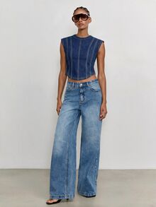 Maija Women's Crew Neck Cropped Casual Denim Top - Blue - View 1