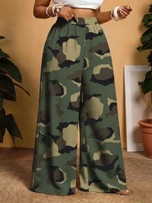 Slaydiva Plus Size Women's Camouflage Casual Wide Leg Pants For Daily Wear - Multicolor - View 1