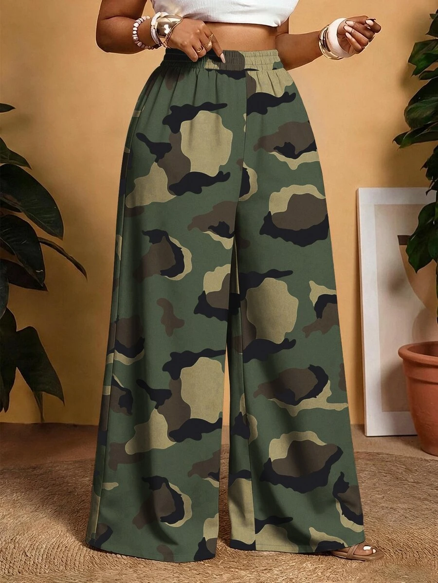 Slaydiva Plus Size Women's Camouflage Casual Wide Leg Pants For Daily Wear - Multicolor - View 1