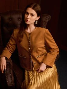 MOTF JAKET LENGAN PANJANG WANITA MODEL VINTAGE DENGAN SAKU BERHIAS PAYET DAN MANIK-MANIK - Coklat - View 1