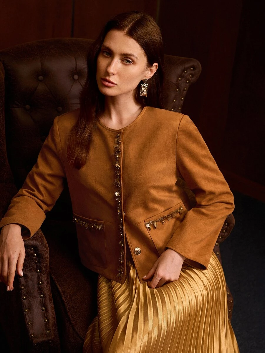 MOTF JAKET LENGAN PANJANG WANITA MODEL VINTAGE DENGAN SAKU BERHIAS PAYET DAN MANIK-MANIK - Coklat - View 1