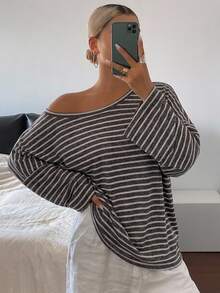 DAZY Women's Striped Asymmetrical Shoulder Loose Street Casual T-Shirt - Coffee Brown - View 4