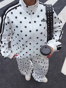 Muchica Pakaian Kasual Sehari-hari untuk Wanita Ukuran Besar dengan Jaket Lengan Panjang dan Celana Motif Polkadot - Hitam dan Putih - View 4