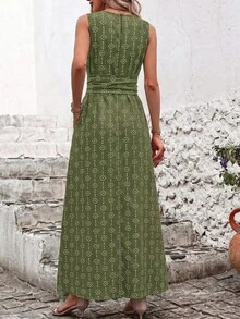 SHEIN Clasi 女款夏季全印花百褶休閒派對長洋裝 - 軍綠色 - 查看 2
