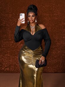 Maweii Gaun Maxi Hitam dan Emas Tanpa Bahu dengan Leher Halter dan Detail Kerut, Lengan Panjang, Korset Emas Metalik Kontras, Potongan Slim Fit, Rok Model Duyung untuk Pesta Homecoming dan Koktail. - MultiWarna - View 3