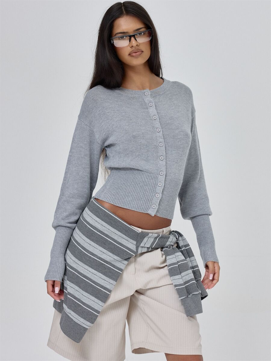 MUSERA Grey Knit Button Down Long Sleeve Cardigan Top Fall Autumn Winter Coolgirl Back To School Blancs - Grey - View 1