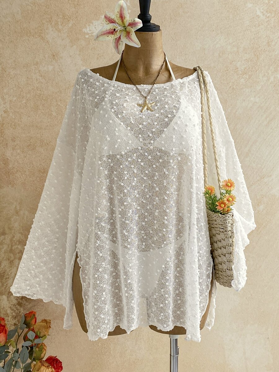 Soleia Plus Size Long Sleeve Asymmetrical Shoulder Knit Jacquard Loose Fit Slit Top Fall - White - View 1