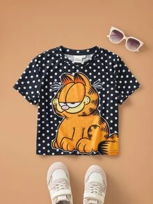 GARFIELD | SHEIN Tween Girl Polka Dot Print Crew Neck Short Sleeve T-Shirt - Black - View 1