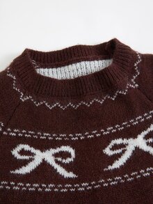 SHEIN Ung flicka) Jacquardtröja med rosett, varm för höst/vinter, mångsidig för skolstart, med raglanärm, matchar allt - Kaffebrun - Visa 5