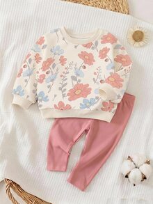 Bộ quần áo bé gái phong cách tối giản thường ngày gồm áo nỉ cổ tròn dáng rộng và quần dài cạp chun, lót giữ nhiệt, phù hợp cho mùa thu/đông - Nhiều màu - Xem 3