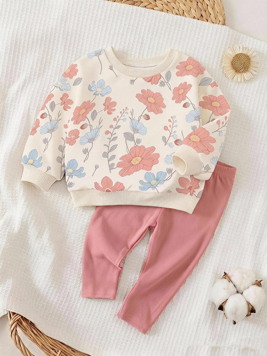 Baby Girl Casual Minimalist Loose Crew Neck Sweatshirt & Elastic Waist Long Pants Set, Thermal Lined, Suitable For Autumn/Winter - Multicolor - View 1