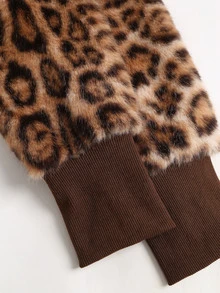 Sweetra Women's Leopard Print Patchwork Faux Fur Hooded Zip-Up Short Coffee Color Sweatshirt Jacket - Coffee Brown - View 6