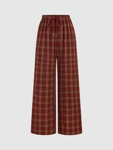 Sweetra Celana Panjang Wanita Motif Kotak-kotak dengan Tali Serut di Pinggang, Kasual, Serbaguna, untuk Sehari-hari dan Bepergian. - Merah - View 1
