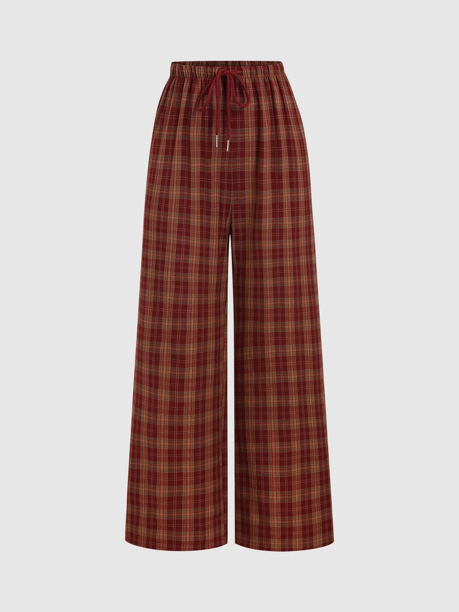 Sweetra Celana Panjang Wanita Motif Kotak-kotak dengan Tali Serut di Pinggang, Kasual, Serbaguna, untuk Sehari-hari dan Bepergian. - Merah - View 1