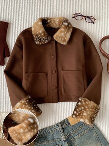 Comfortcana Women's Vintage Faux Fur Patchwork Cuff Button Jacket - Brown - View 8