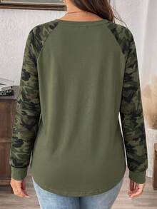 Comfylo Autumn/Winter New Teacher's Day Thanksgiving Camouflage Print Plus Size Women's Casual Raglan Sleeve Crew Neck Loose Fit T-Shirt Suitable For Spring/Autumn - Army Green - View 3