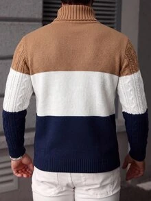 Manfinity Homme 男士高領長袖套頭毛衣，休閒針織秋冬服飾，秋冬配色拼接條紋時尚日常修身百搭厚實粗繩編織長袖套頭毛衣 - 彩色 - 查看 2