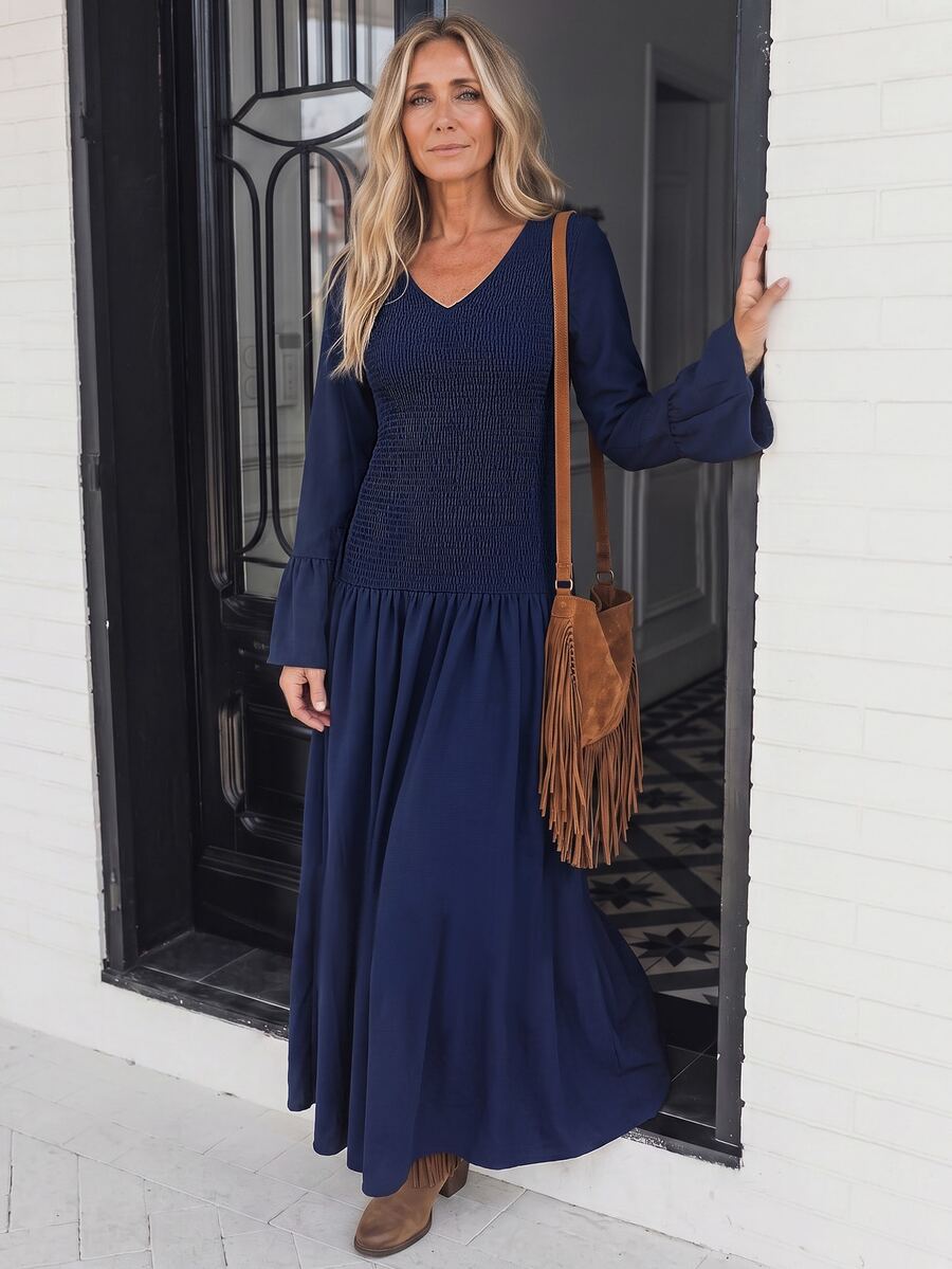 LanaWest Women's Solid Color V-Neck Pleated Casual Party Dress - Navy Blue - View 1