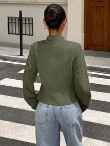 Muchica 女款休閒舒適軍綠色編織長袖薄款夾克外套，適合秋冬穿著 - 軍綠色 - 查看 2