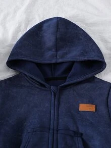SHEIN 青少年女孩復古水洗印花連帽運動套裝，短版拉鍊連帽外套 + 喇叭褲，休閒兩件式套裝，適合春季、秋季、冬季 - 寶藍色 - 查看 5