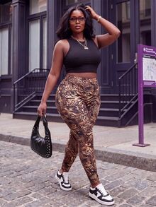 Slaydiva Plus Size Women Zebra & Leopard Print High Waist Casual Leggings - Brown - View 4
