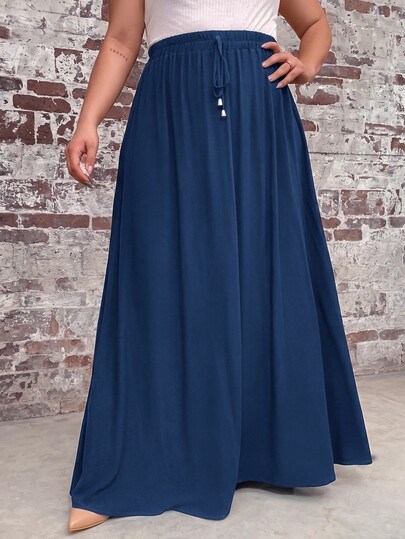 SHEIN LUNE Plus Size Solid Color Versatile Drawstring Waist Midi Skirt For Office And Commute