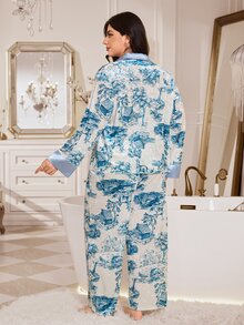 MuseNap CURVE Elegant Premium Champagne Velvet Printed Exquisite Button Long Sleeve Long Pants Plus Size Pajama Set - Blue - View 2