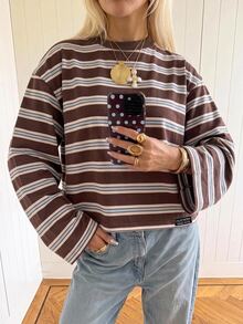 SHEIN EZwear Women's Fashion Striped Colorblock Denim T-Shirt Streetwear - Brown - View 4
