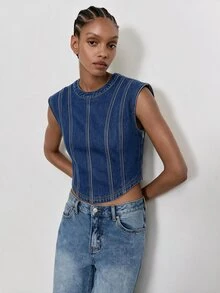 Maija Women's Crew Neck Cropped Casual Denim Top - Blue - View 4
