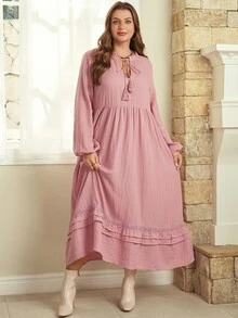 EMERY ROSE Plus Size Women's Solid Color Frill Trim Tassel Tie Neck Long Sleeve Dress - Dusty Pink - View 10