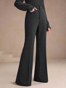 Anewsta Essential Women's Dark Gray Suit Pants With Rivet Pockets, Elegant Fashionable Business Casual Flare Leg Trousers - Dark Grey - View 4