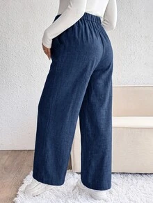SHEIN 孕婦純色百褶寬腿鬆身長褲休閒款 - 藍色 - 查看 2