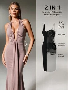 Nuvra Women's 2-In-1 Halter Neck Tie Strap Tummy Control Butt Lift Waist Shaping Body Sculpting Long Dress - Brown - View 4