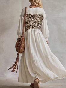 SHEIN Vintage Boho Leopard Print Spliced Long Dress For Women Autumn Winter V-Neck Puff Sleeve Loose Flowy Casual Oversized Maxi Picnic Vacation Off-White - White - View 2
