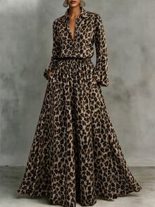 SHEIN Women's Fall/ Casual Elegant Commute Outfit Leopard Print Long Sleeve Loose Blouse + Voluminous Wide Leg Long Pants Dinner Everyday Beige - Brown - View 3