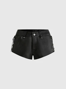 ROMWE Grunge Punk Vintage Y2K Hot Girl Patchwork Faux Fur Punk Metal Eyelet Lace-Up Design Ultra Low Waist Mini Washed PU Shorts - Black - View 2