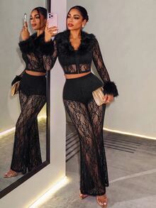 BamGleam Women's Autumn Solid Color Sheer Sexy Fur Trim Top And Flare Pants Black 2 Pieces Set - Black - View 4