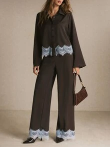 Poéselle Women's Chocolate Brown Lace-Trim Two Pieces Set – Long-Sleeve Button-Down Shirt And Wide-Leg Pants Maroon Set Brown Set Work Outfits Fall/Winter Sets - Brown - View 2