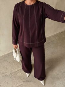 Auralis Plus Size Women's Round Neck Long Sleeve Shirt And Pants Casual 2 Pieces Set - Brown - View 4
