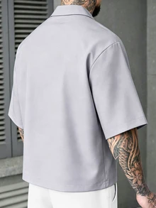 SLATEMANN 男士純色休閒百搭日常短袖襯衫 - 淺灰色 - 查看 2