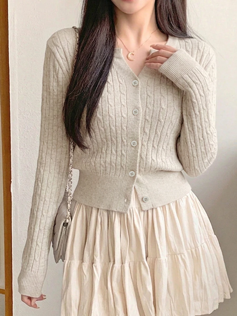 DAZY 女款素色休閒百搭日常穿搭開襟衫 - 卡其色 - 查看 1